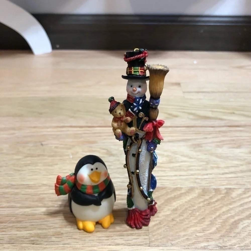 Snowman Tall Long Skinny Christmas Ornament & Penguin Figurine Holiday Blue